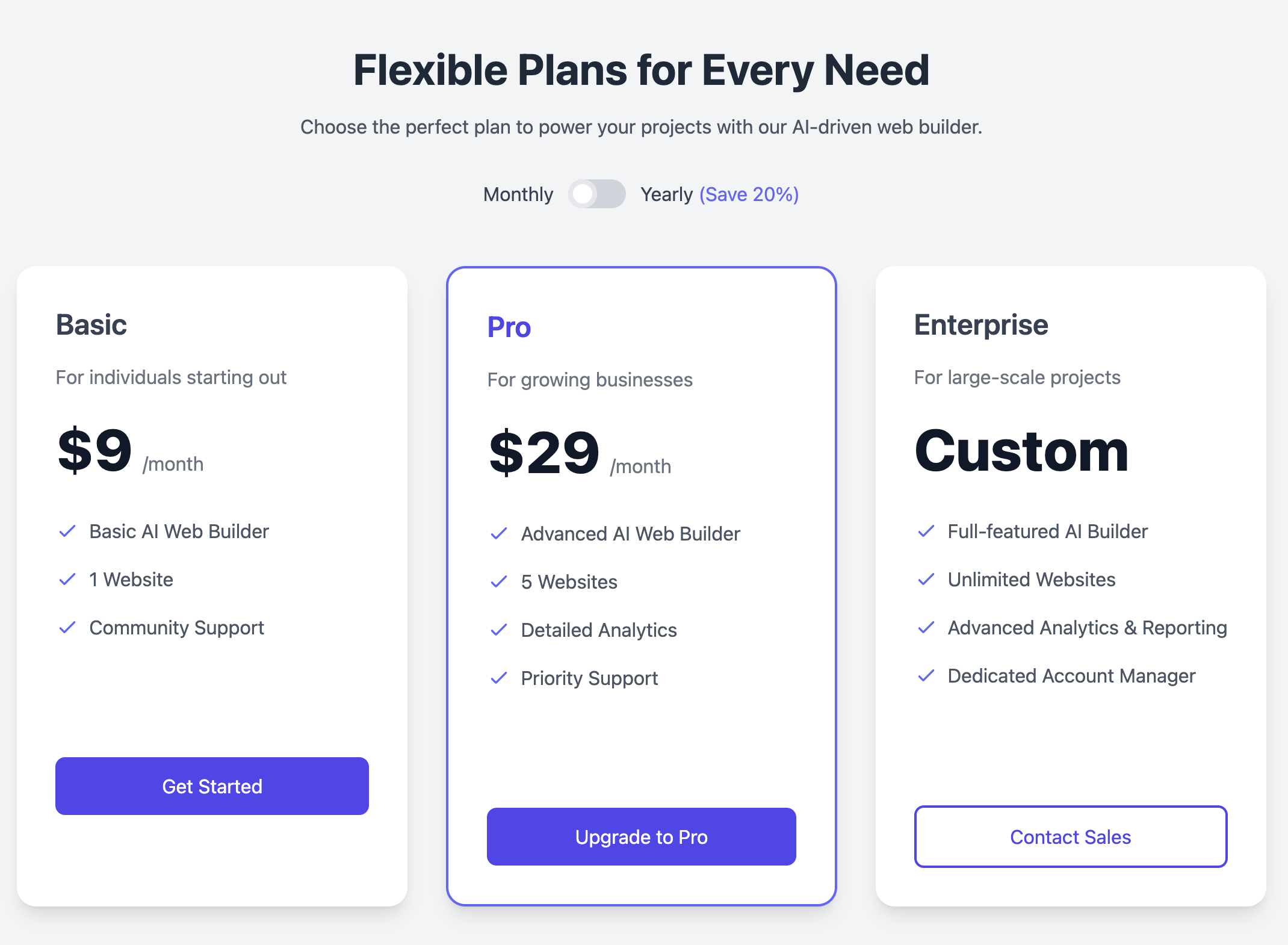 Modern Pricing Plan Layout with Toggle Switch