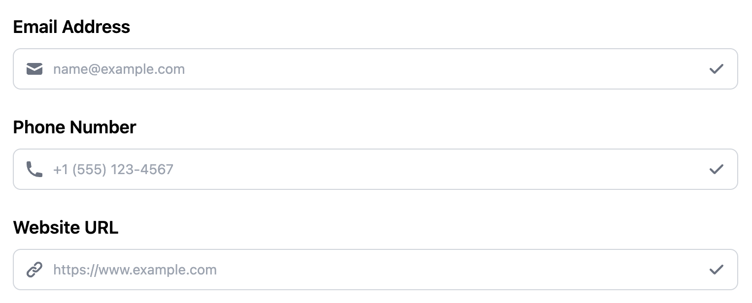 Email Address, Phone Number, Website URL, Input form with icons