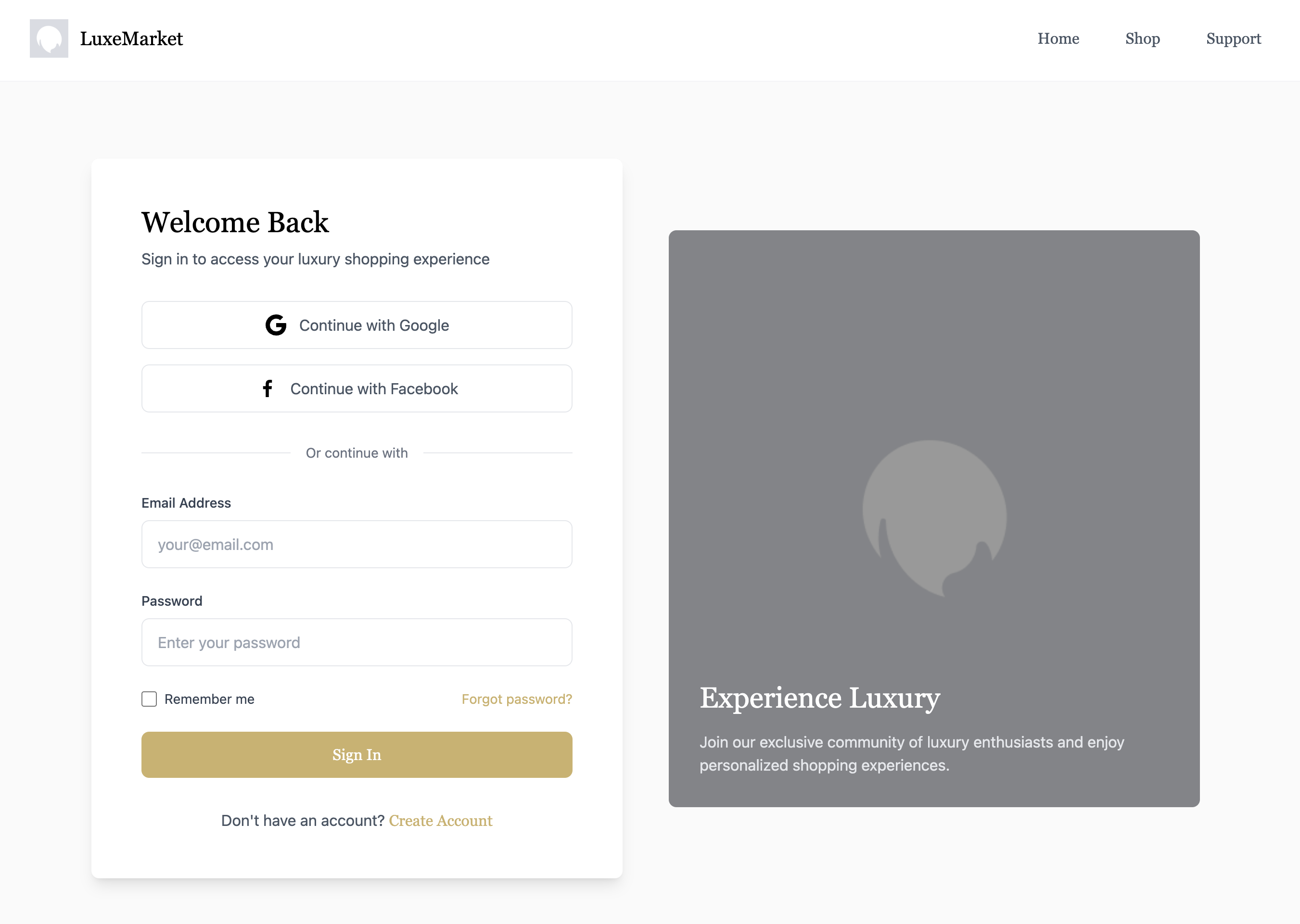 LuxeMarket Luxury Shopping Login Page