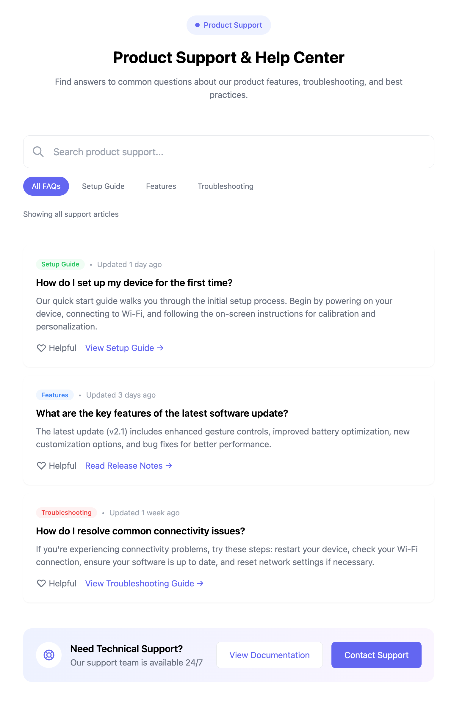Product Support FAQ Component