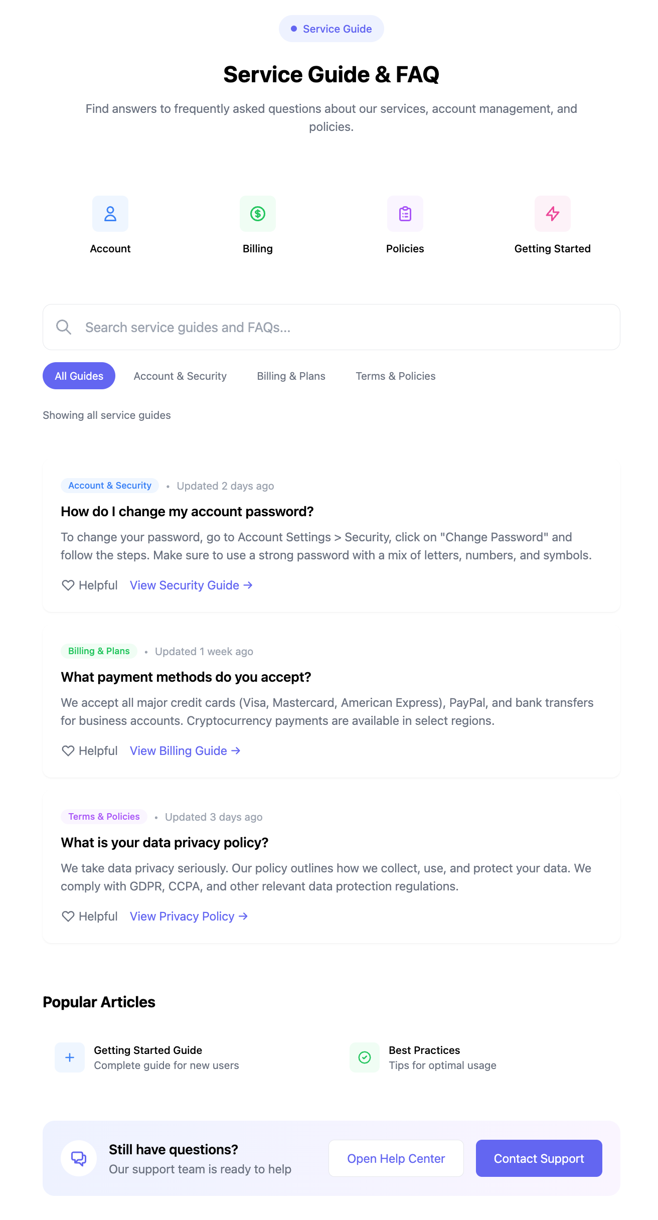 Service Guide FAQ Component